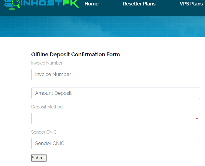 Deposit confirmation form fill after the payment | inhostpk